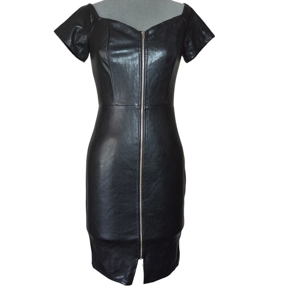Black Faux Vegan Zip Front Bodycon Dress Size Small